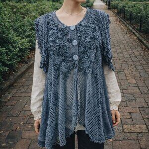 80s VTG Chorisia Italy Crochet Knit Boho Tunic Vest Gray Floral Lace M/L